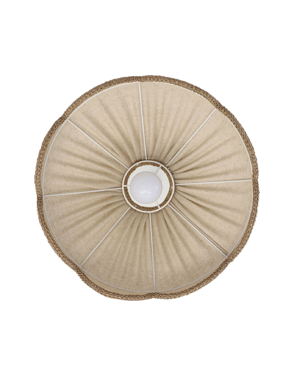 Abat-jour rond en tissu beige avec hublot central blanc et bord festonné