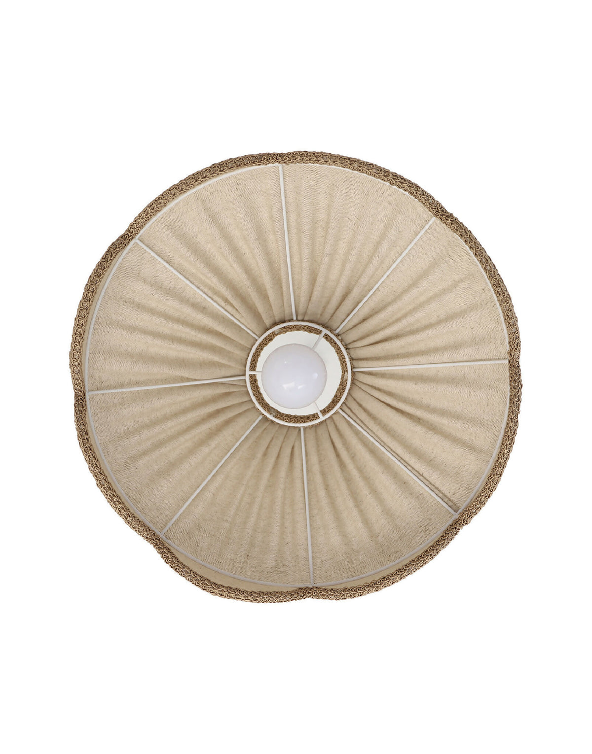 Abat-jour rond en tissu beige avec hublot central blanc et bord festonné