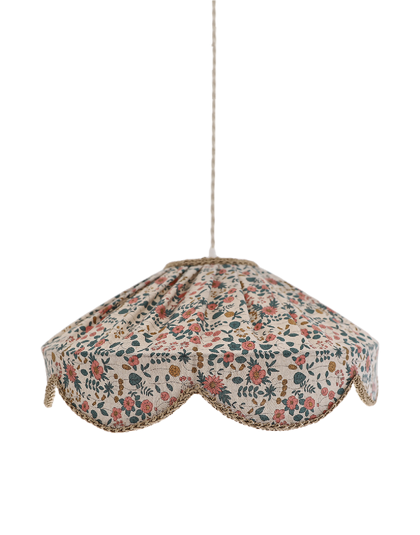 Abat-jour suspension festonné à motif floral multicolore, bordure en tissu beige.