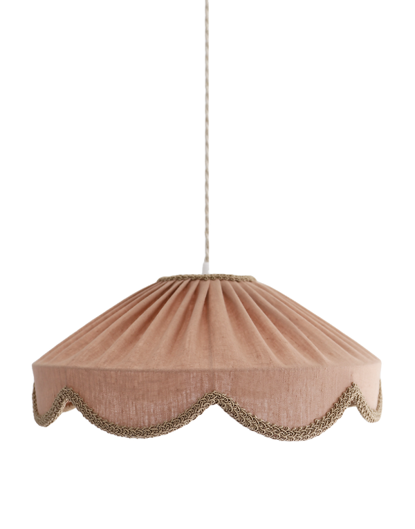 Abat-jour suspendu en lin uni beige rosé, bord festonné avec passepoil doré