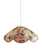 Abat-jour suspendu beige à motif floral multicolore, forme arrondie et bord festonné doré
