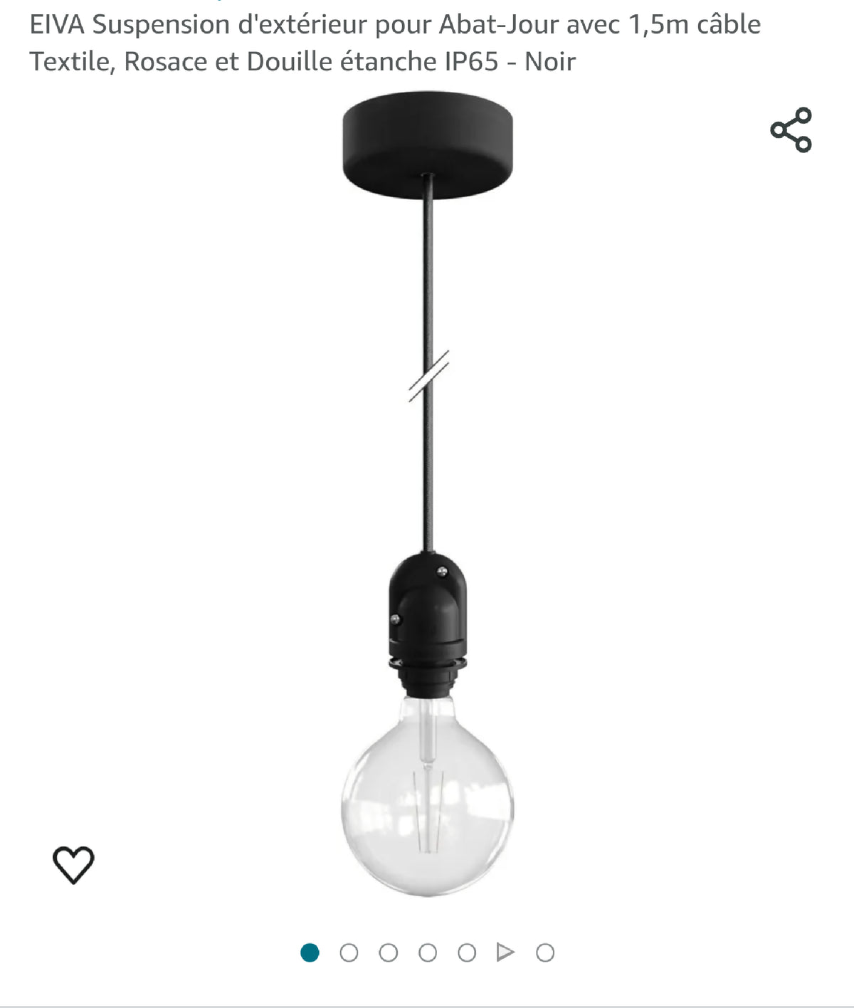 Suspension goutte en grès avec auvent noir et câble, douille et ampoule visible