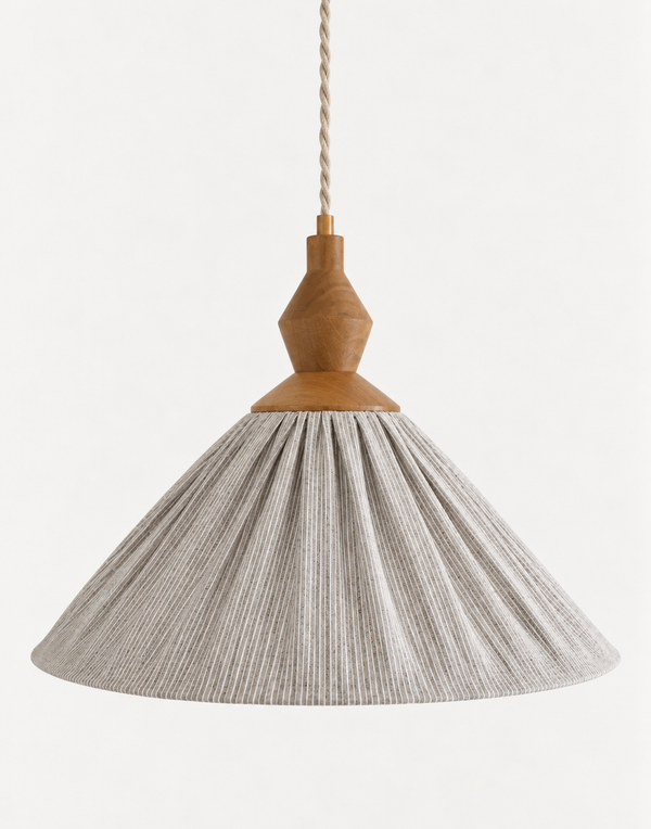 Olga pleated pendant light, linen and cotton, fine pinstripes, classic grey