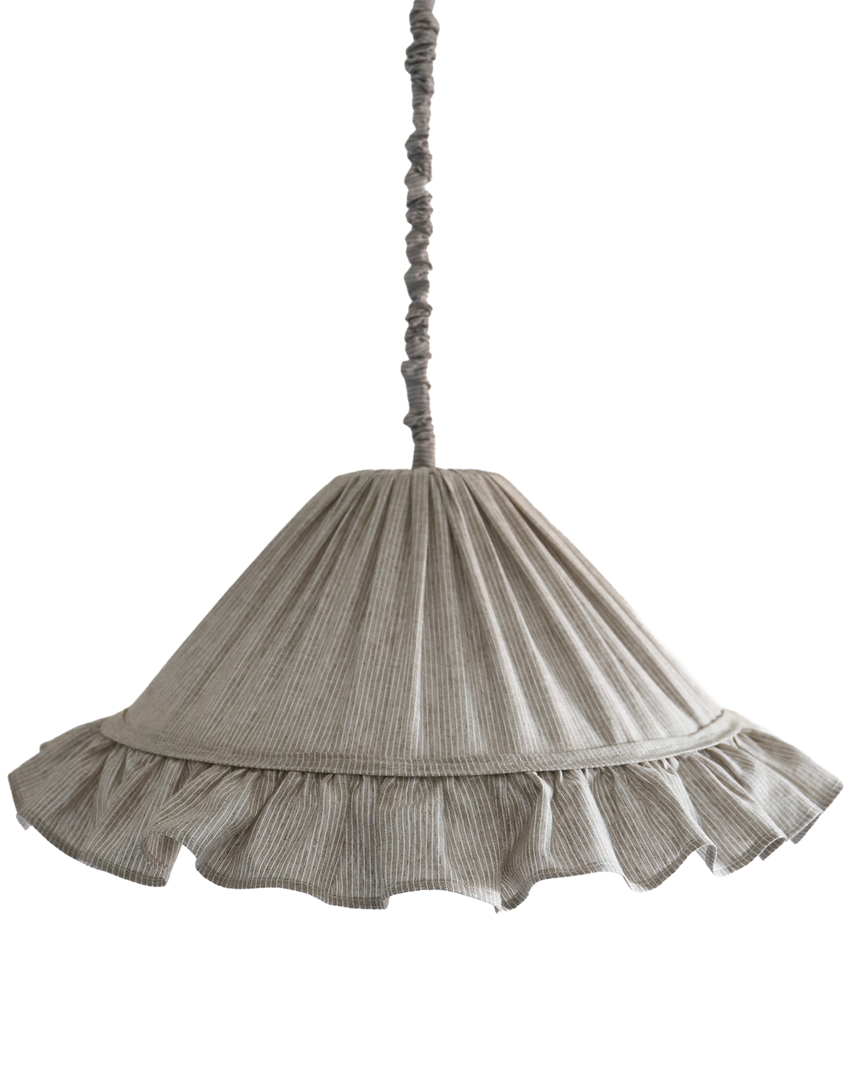 Suspension Emilia en tissu à fines rayures olive et blanches, volant plissé main, fabriquée en France par Hautlalampe