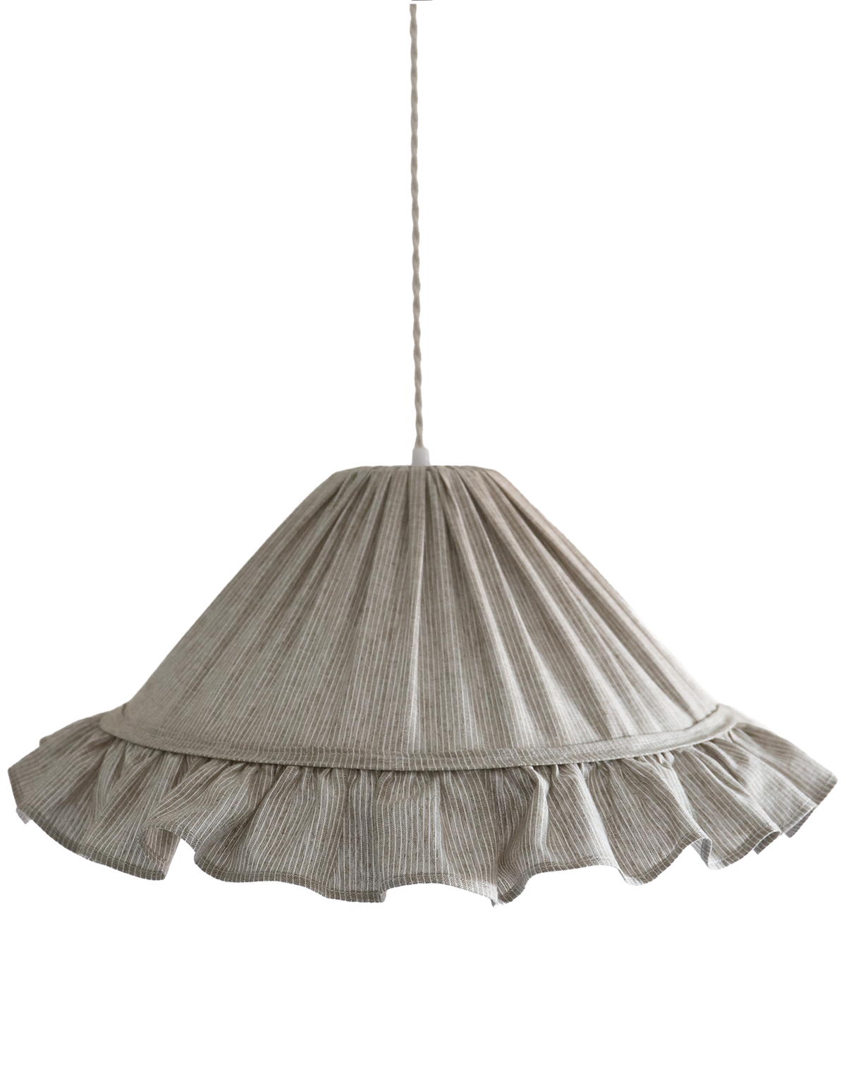 Suspension Emilia en tissu à fines rayures olive et blanches, volant plissé main, fabriquée en France par Hautlalampe