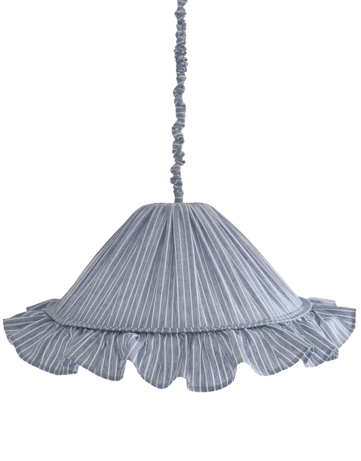 Suspension Emilia en tissu rayé bleu et blanc à volant plissé main, fabriquée en France par Hautlalampe