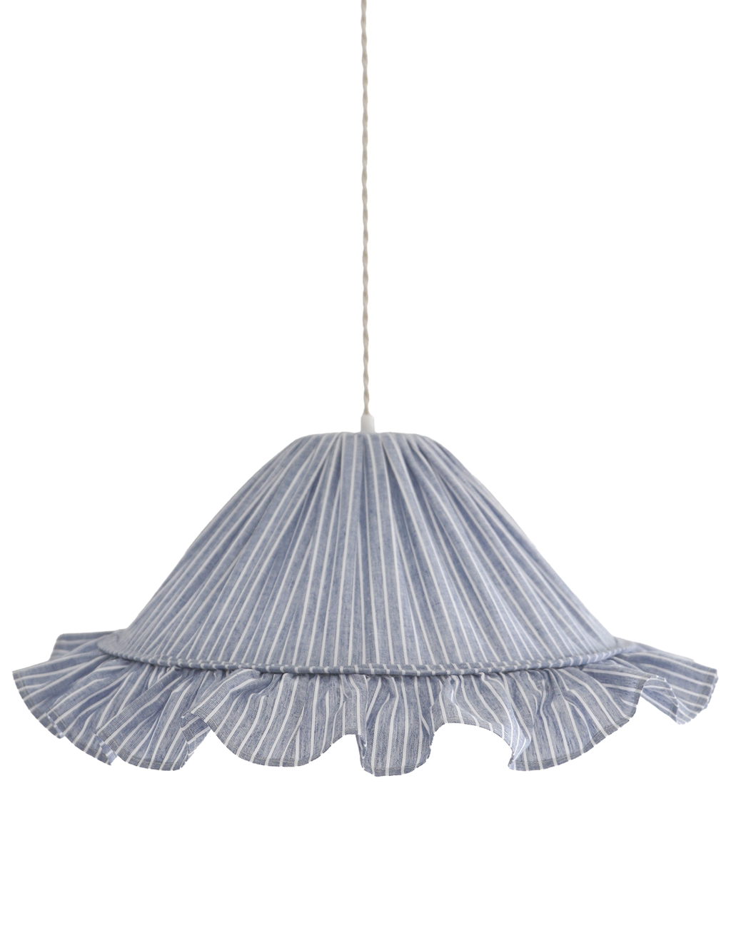 Suspension Emilia en tissu rayé bleu et blanc à volant plissé main, fabriquée en France par Hautlalampe