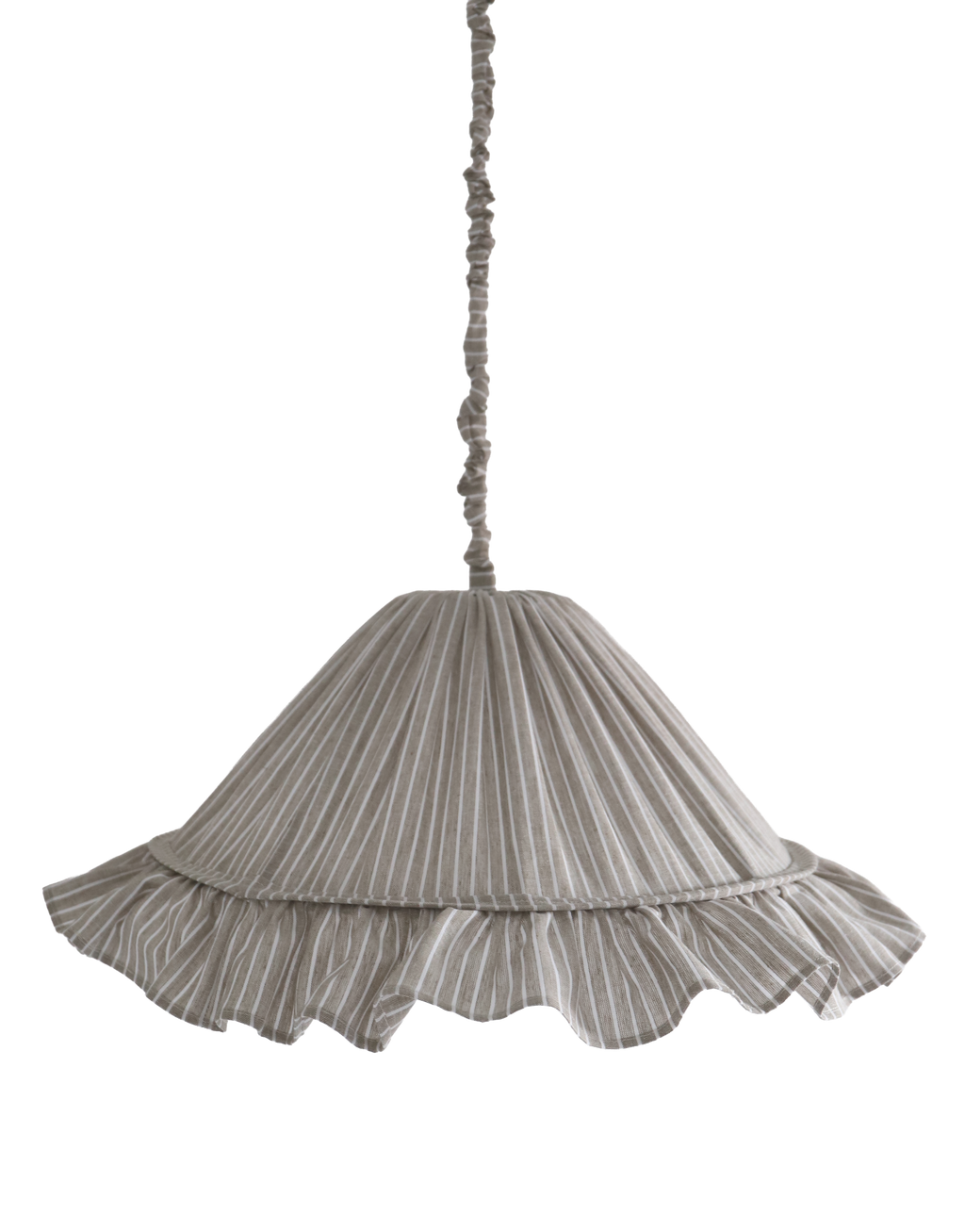 Suspension Emilia en tissu rayé olive et blanc à volant plissé main, fabriquée en France par Hautlalampe