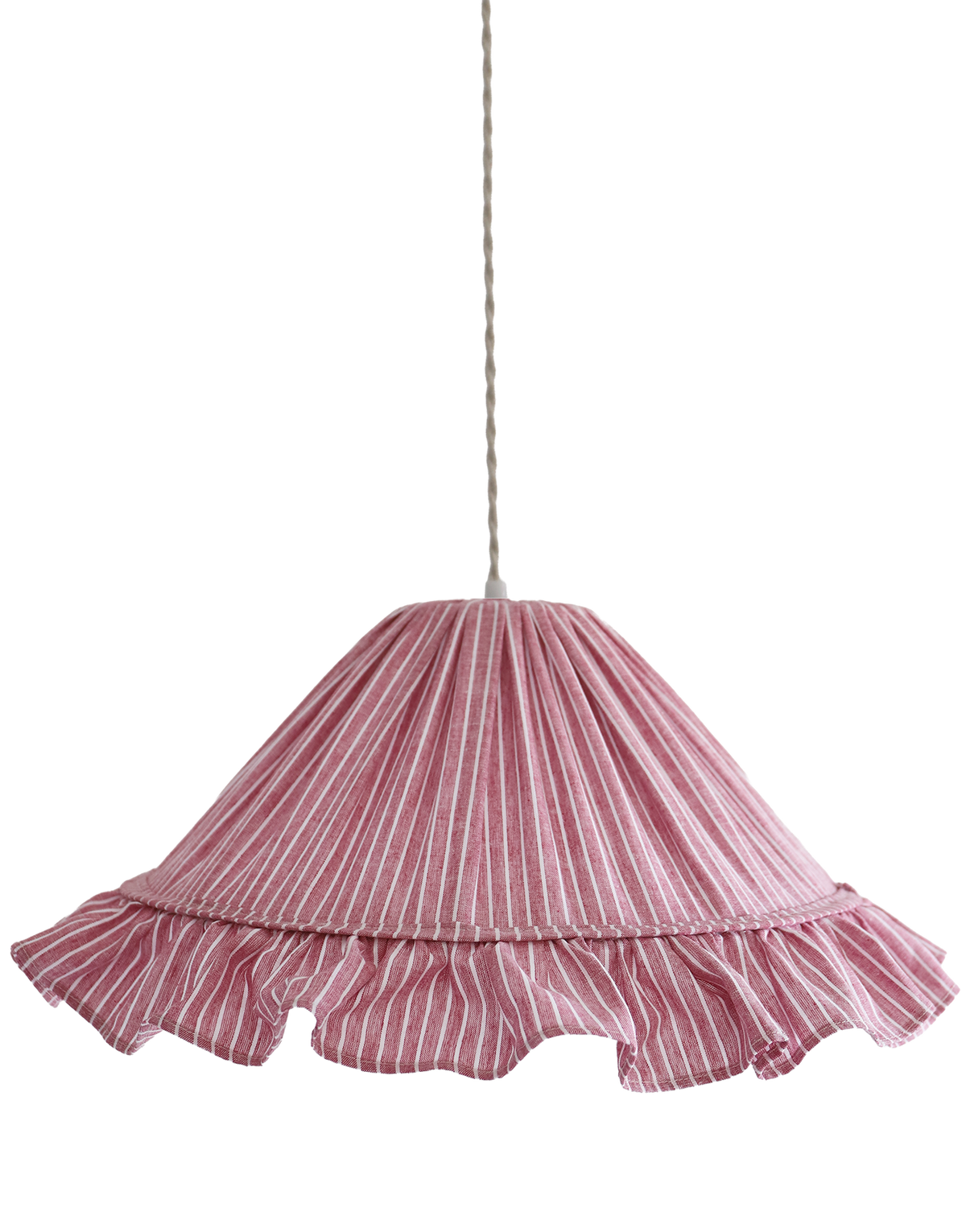 Suspension Emilia en tissu rayé rouge et blanc à volant plissé main, fabriquée en France par Hautlalampe