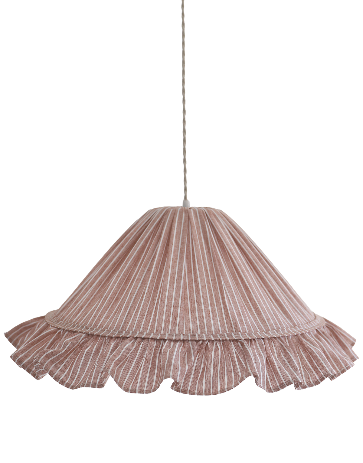 Suspension Emilia en tissu rayé terracotta et blanc à volant plissé main, fabriquée en France par Hautlalampe