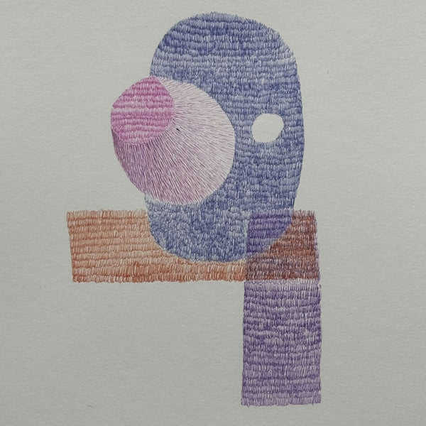Motif brodé abstrait en formes rondes et courbes, bleu, rose, mauve et brun
