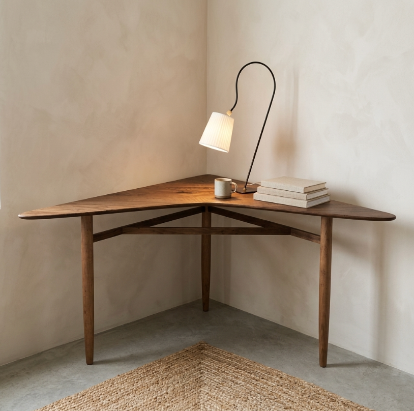 Table d’angle en bois brun, plateau en arc et pieds inclinés
