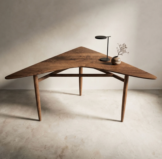 Table d’angle en bois brun, plateau asymétrique et pieds fuselés