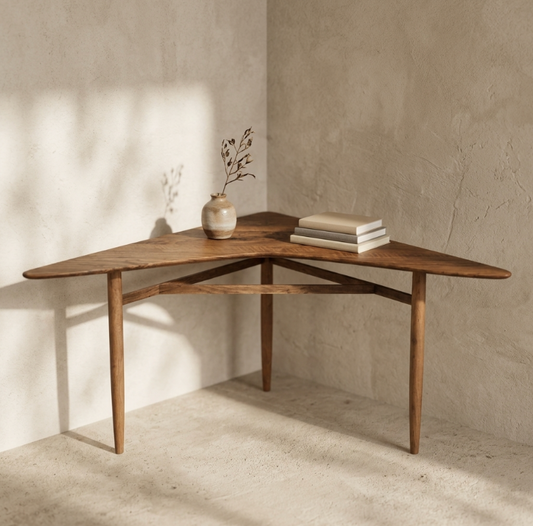 Table d’angle en bois brun, plateau triangulaire et pieds droits