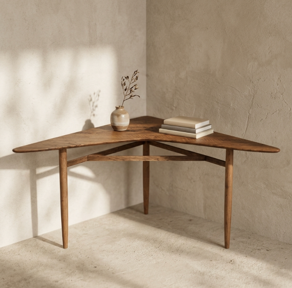 Table d’angle en bois brun, plateau triangulaire et pieds droits