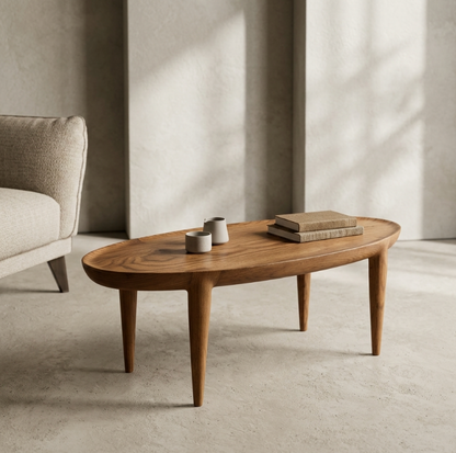 Table basse en bois au plateau ovale et pieds galbés, avec objets décoratifs dessus.