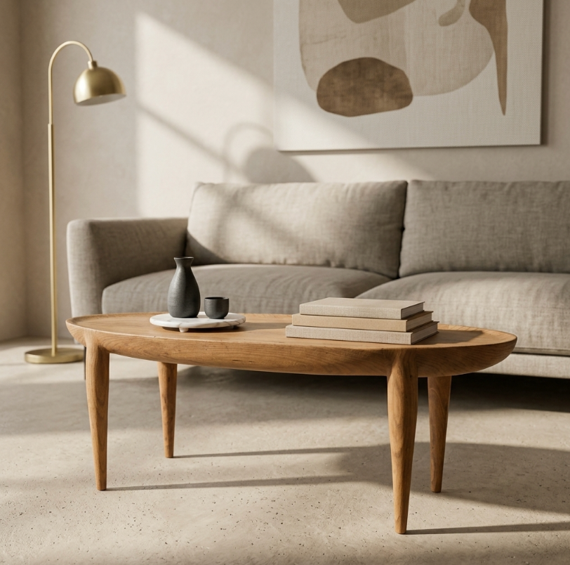 Table basse en bois au plateau ovale, pieds fuselés, avec livres et petit vase.