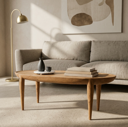 Table basse en bois au plateau ovale, pieds fuselés, avec livres et petit vase.