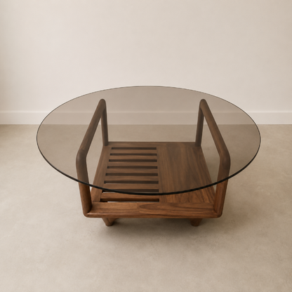 Table basse Darwin ovale : plateau en verre et piètement en bois sculpté