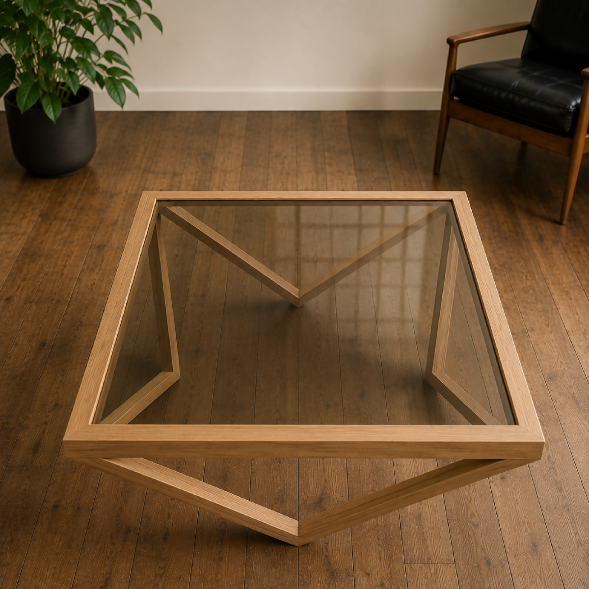 Table basse en bois clair et plateau en verre, vue dessus avec structure en X