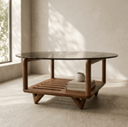 Table basse Darwin avec plateau en verre fumé et étagère en lattes bois