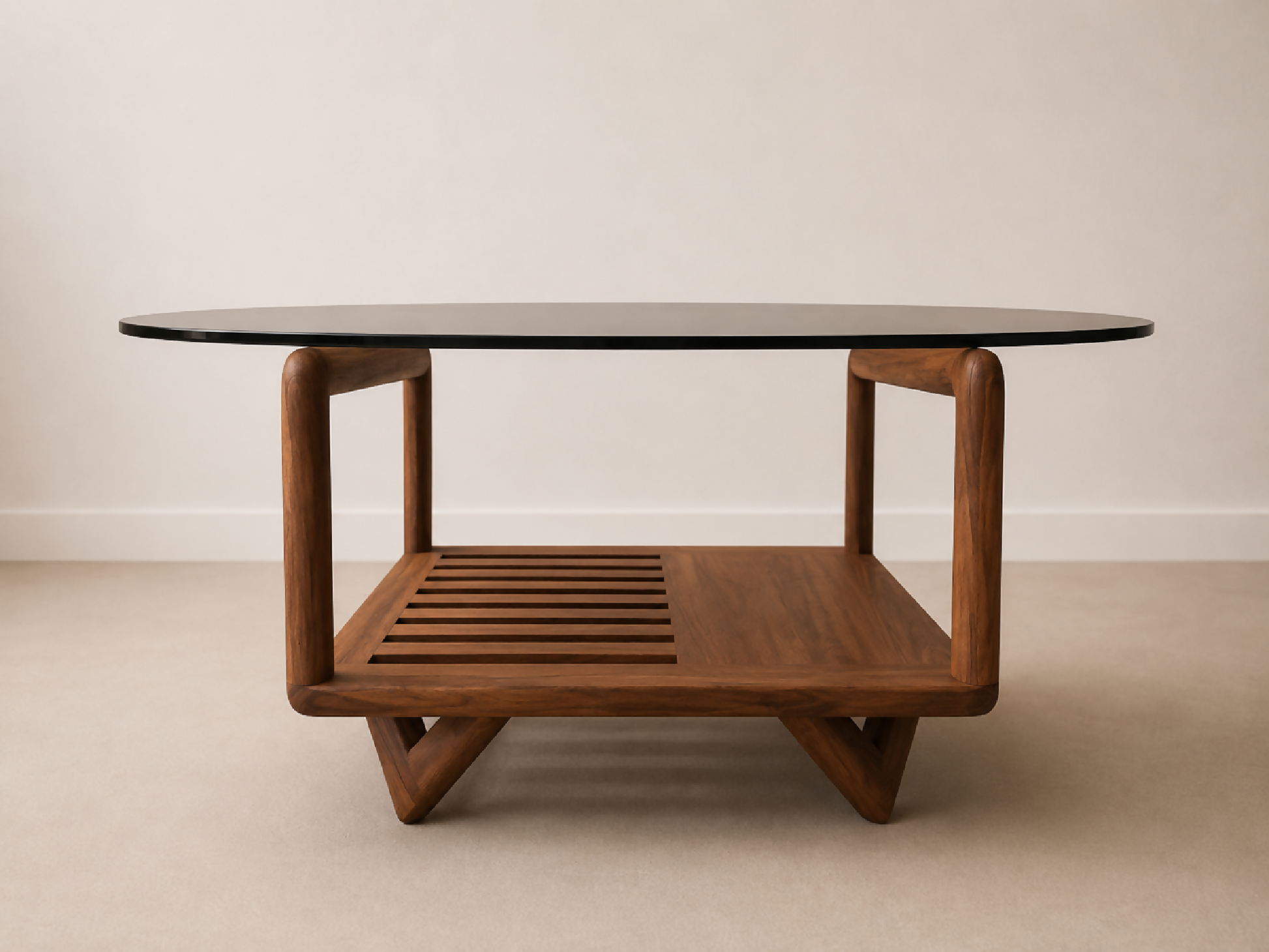 Table basse Darwin vue de côté : plateau rond en verre et piètement en bois