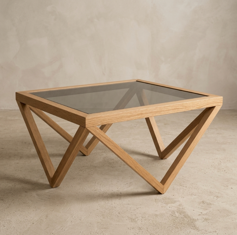 Table basse en bois clair, plateau en verre carré et structure à pieds en X