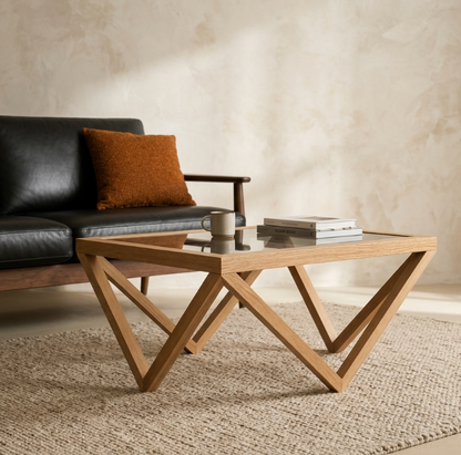 Table basse en bois clair avec plateau en verre et pieds croisés en diagonale