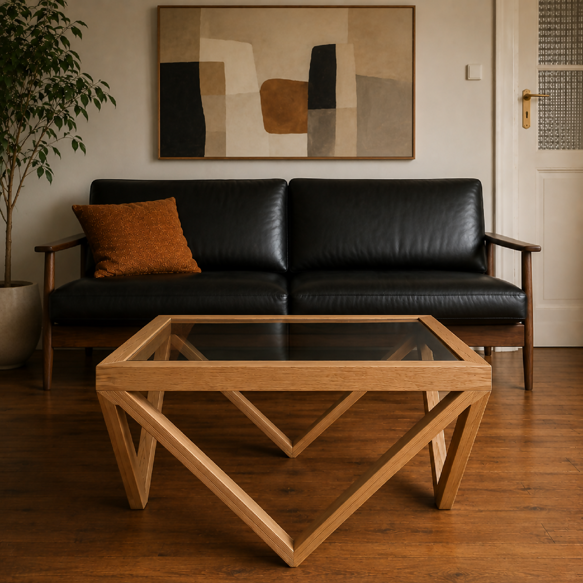 Table basse en bois clair avec plateau en verre et piètement en X