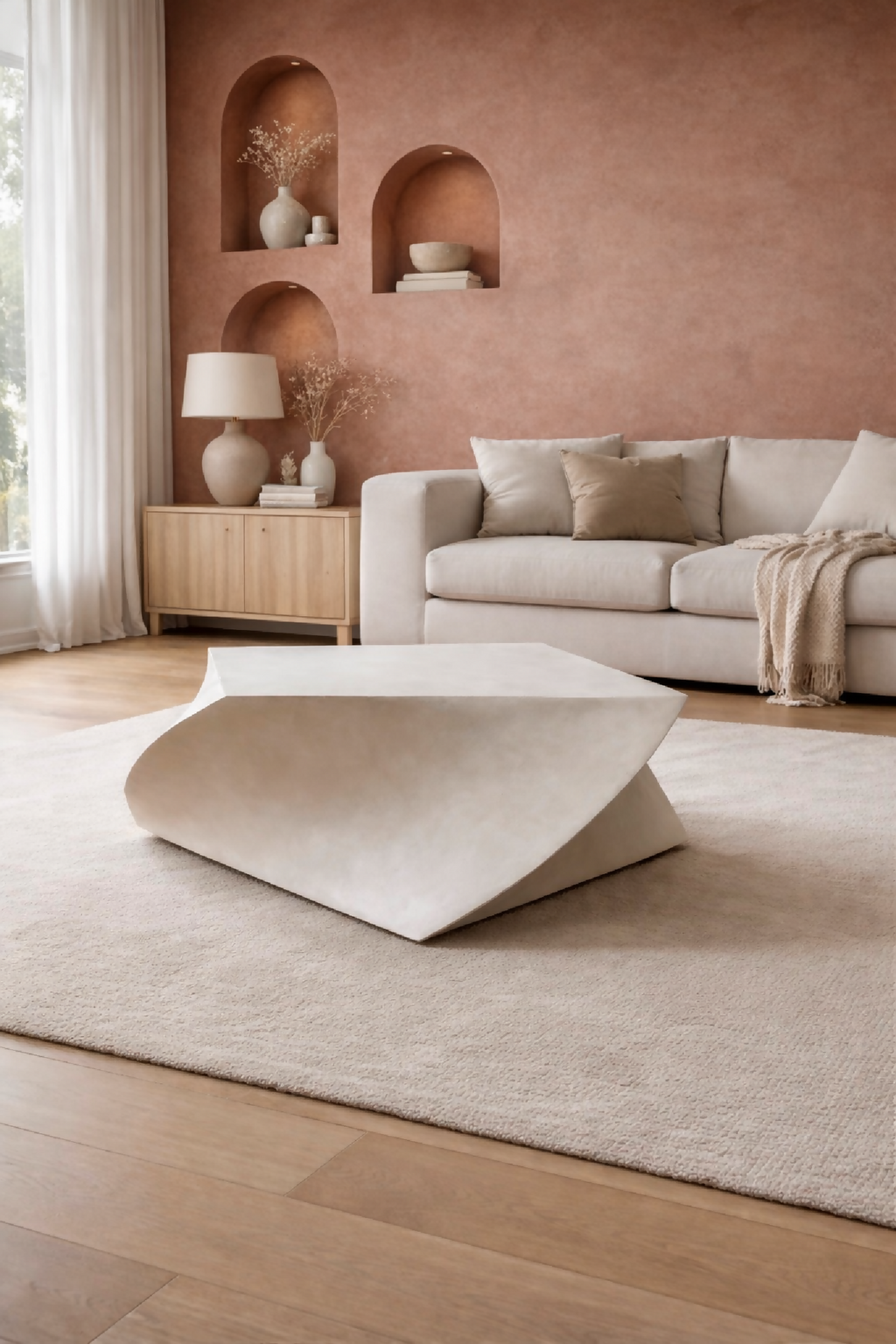 Table basse blanche au plateau incliné, base en prisme arrondi, vue de face.