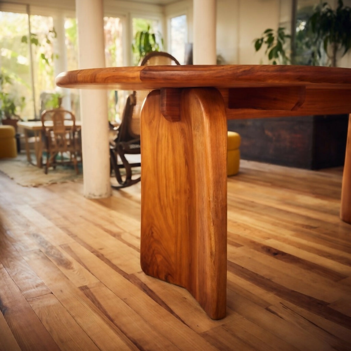 Table Squinch en bois, pied central sculpté et plateau arrondi, vue en biais