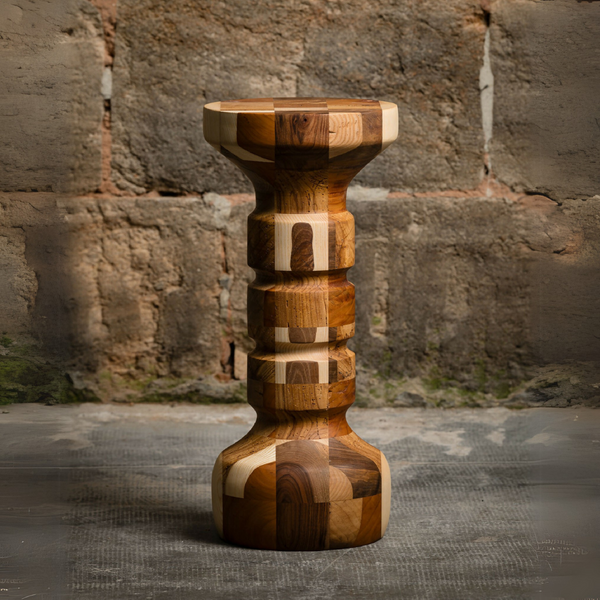 Table d’appoint en bois massif sculpté, dessus rond et piètement en colonnes