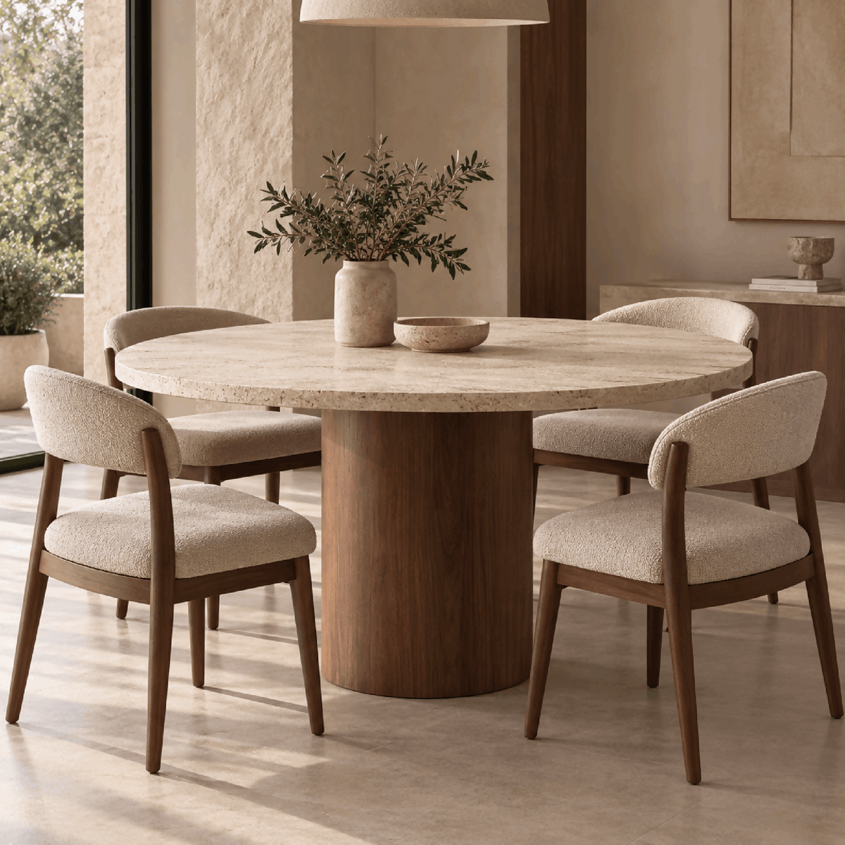 Table en travertin et pied en bois de hêtre
