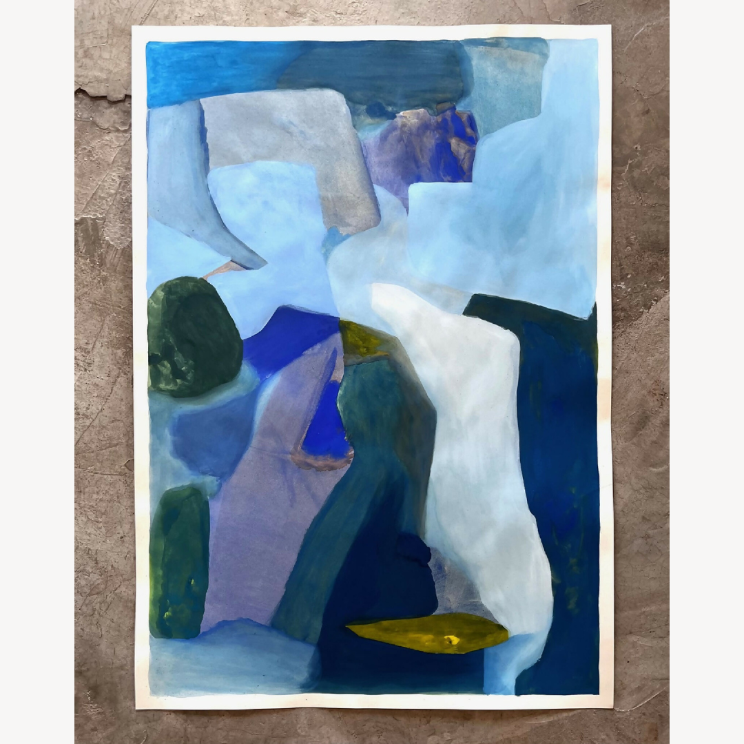 Tableau abstrait Foneas aux aplats bleus, blancs et verts, composition asymétrique sur fond clair