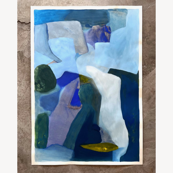 Tableau abstrait Foneas aux aplats bleus, blancs et verts, composition asymétrique sur fond clair