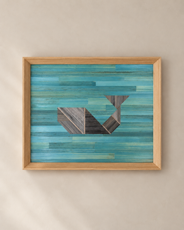 "Guardian of the Depths" painting, Tangram series, with Light Blue and Anthracite Grey shaded straw marquetry