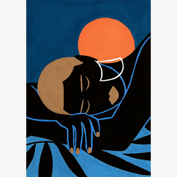 Impression artistique : personnage stylisé noir endormi, main au premier plan, soleil orange