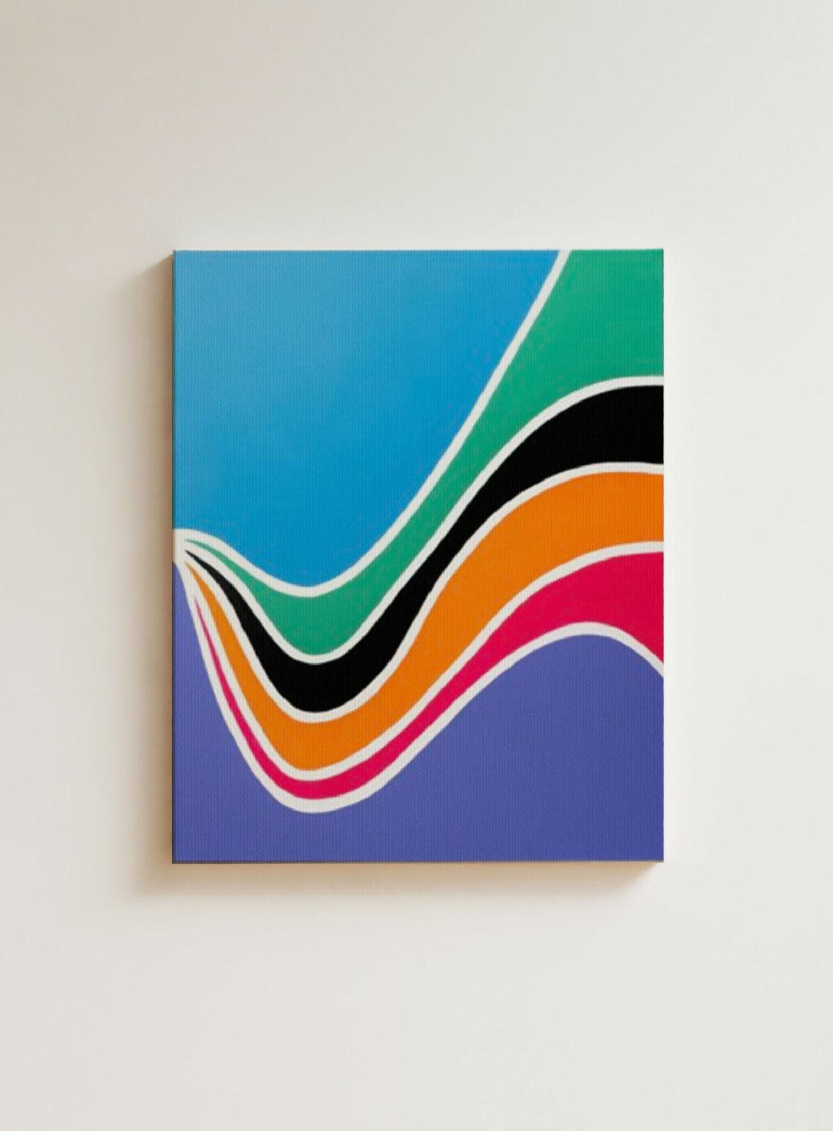 Tableau encadré à formes abstraites, vagues multicolores sur fond bleu