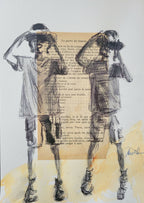 Tableau encadré « Les jumelles » : deux personnages dessinés à l’encre, motifs superposés