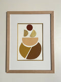 Tableau abstrait encadré bois, composition géométrique beige, ocre et brun