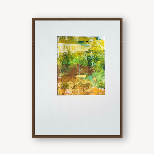 Tableau encadré brun avec impression abstraite vert, jaune et brun, format carré