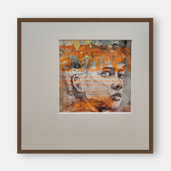 Tableau « la force » : œuvre encadrée, visage stylisé orange et gris, cadre brun foncé.