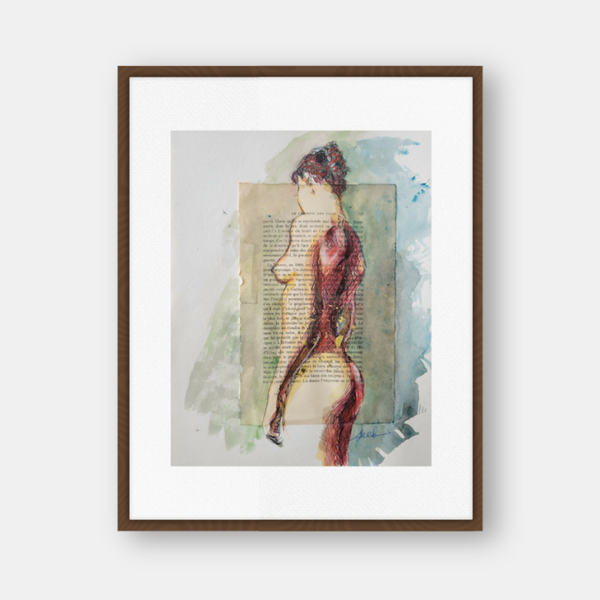 Tableau nu encadré bois : femme dessinée en rouge et traits bleu-vert sur papier.