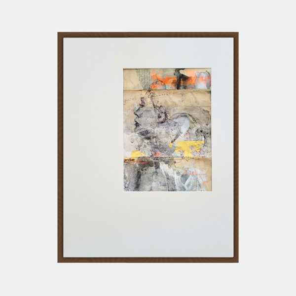 Tableau abstrait en cadre marron, composition grise, orange et jaunes sur fond clair