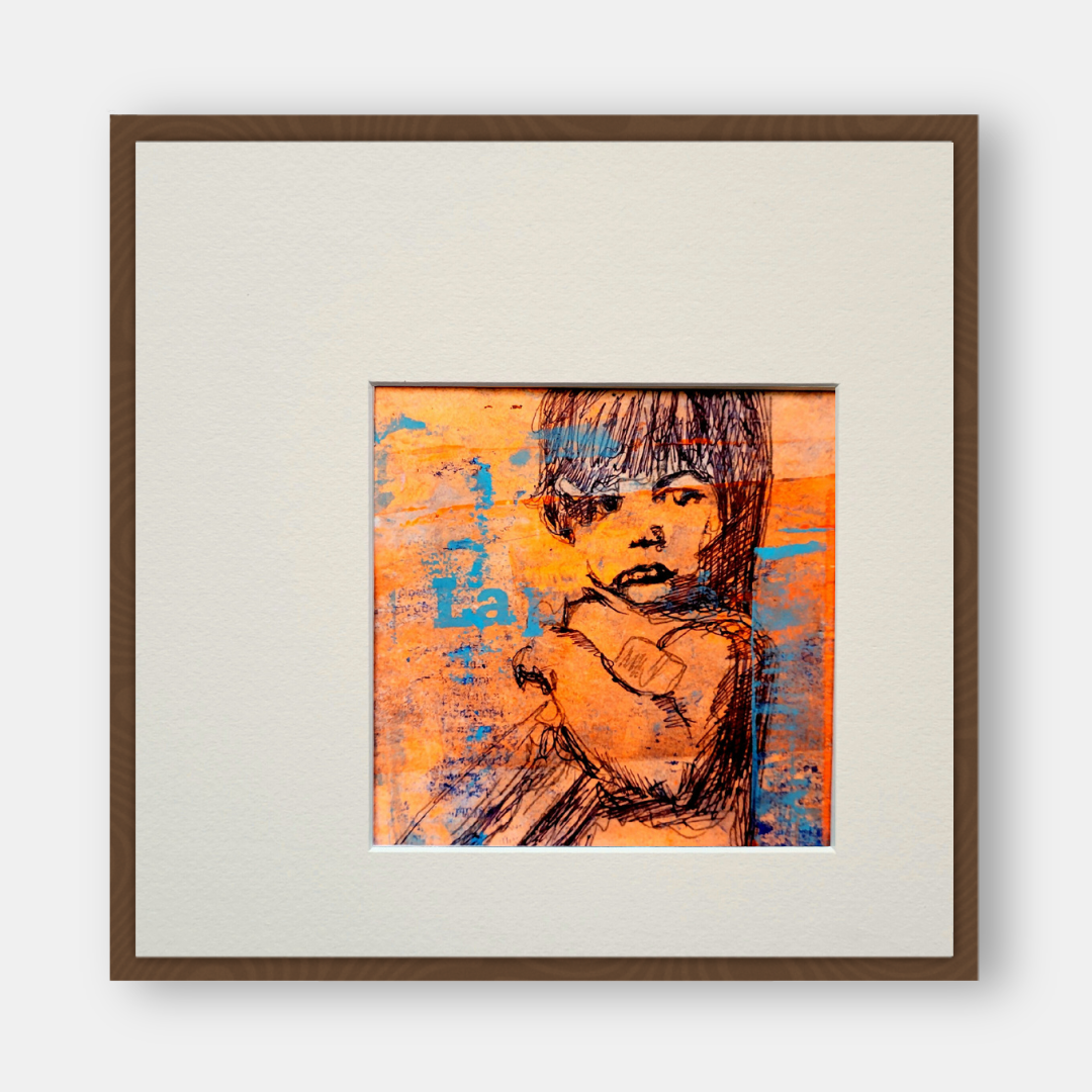 Tableau encadré en bois avec portrait stylisé orange et bleu, vue complète