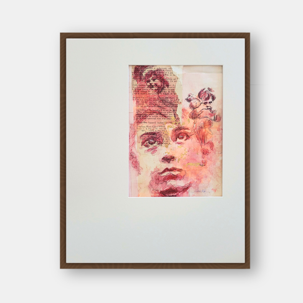 Tableau encadré brun, petite illustration de visage aux tons rouges sur fond clair.