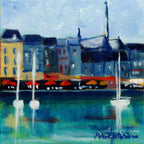 Tableau original de port, voiliers et maisons colorées, style peinture abstraite.