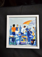 Tableau original encadré, scène de marché : personnes bleues, parasol rayé, tables et ustensiles