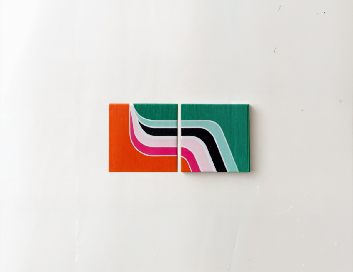 Tableau abstrait à deux panneaux, orange, vert et rose