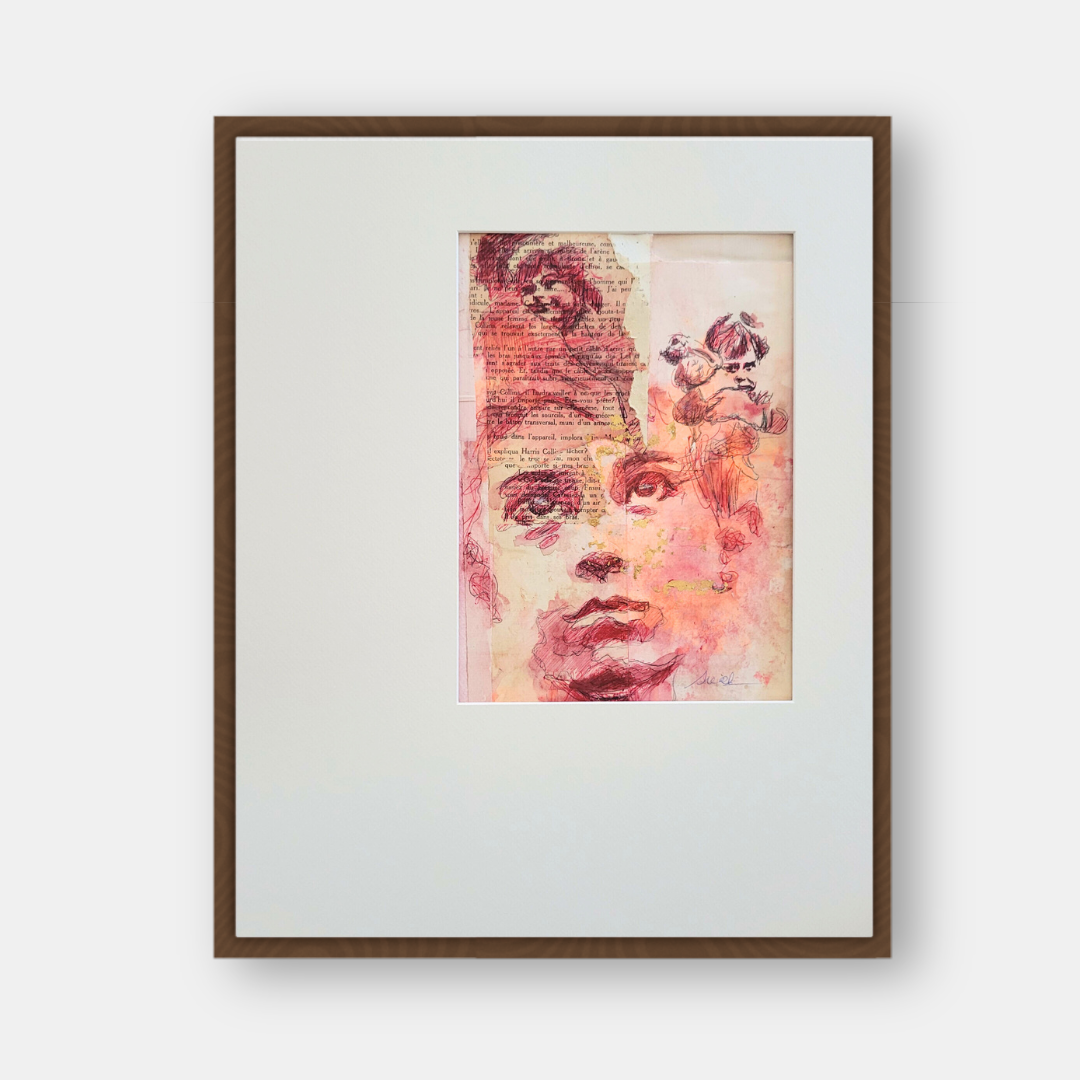 Tableau encadré brun, petite illustration de visage aux tons rouges sur fond clair.